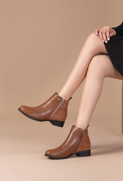 Bottines plates en simili et suédine - Camel - 5