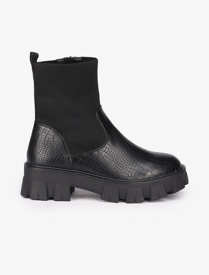 Bottines à semelles crantées effet croco - Noir - 2