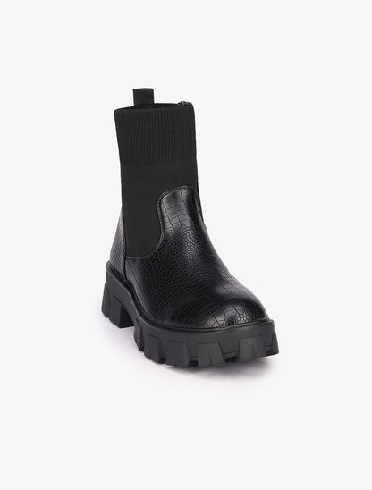 Bottines à semelles crantées effet croco - Noir - 3
