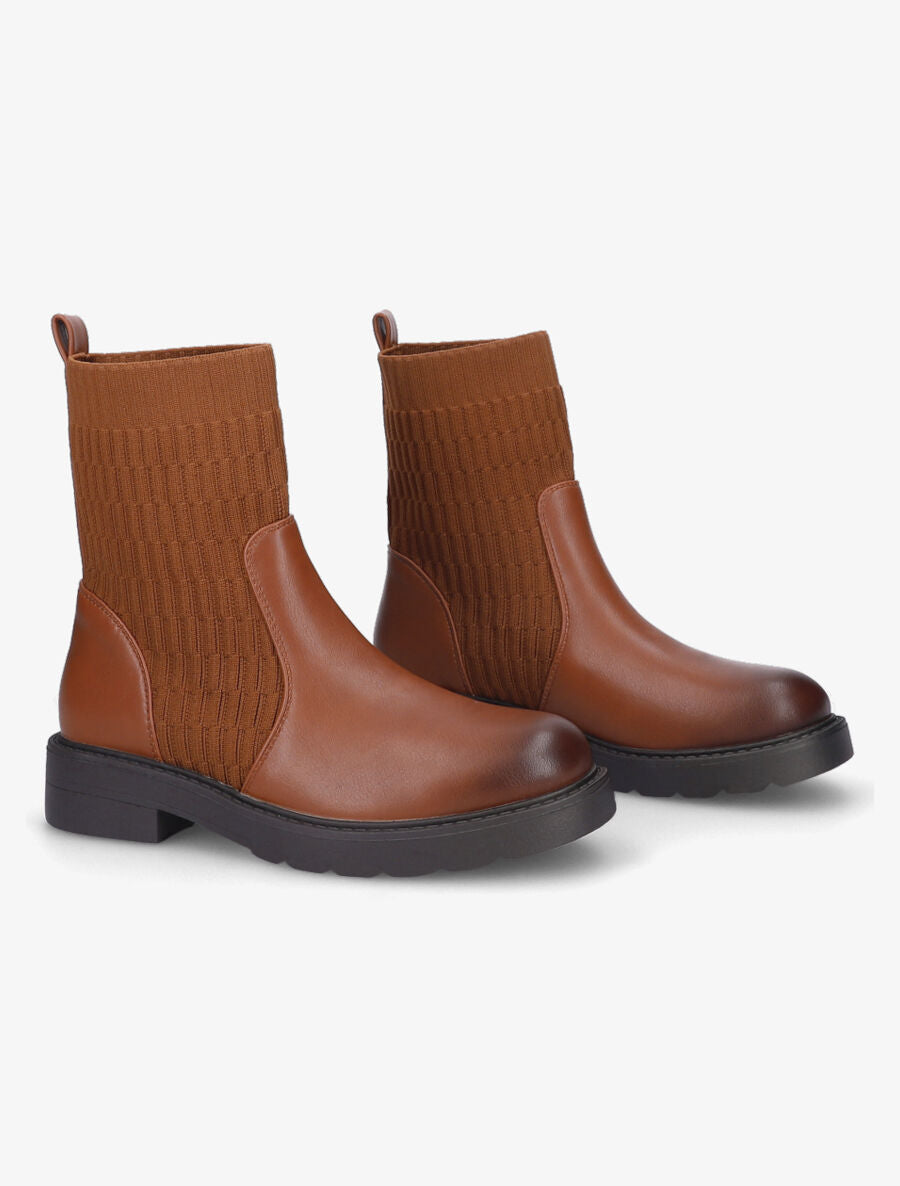 Boots en simili et tissu gaufré - Camel - 4