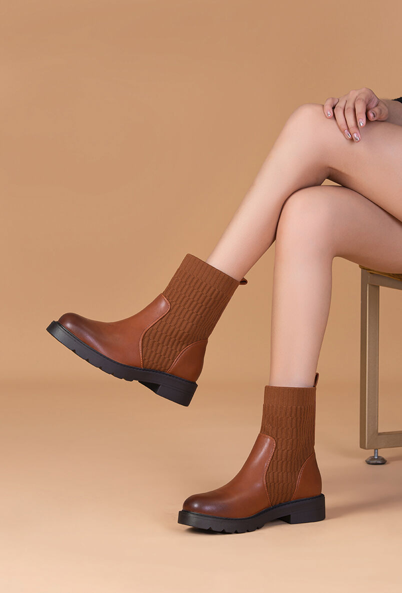 Boots en simili et tissu gaufré - Camel - 5