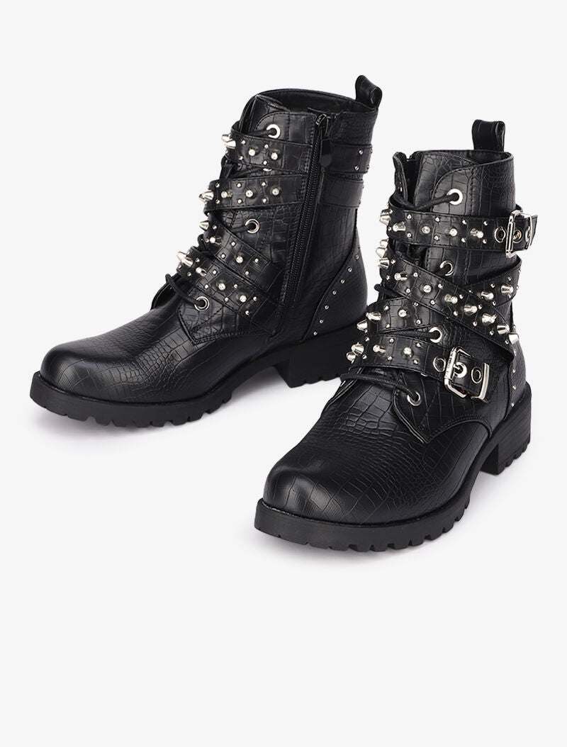 Bottines effet croco à sangles décoratives cloutées - Noir - 1