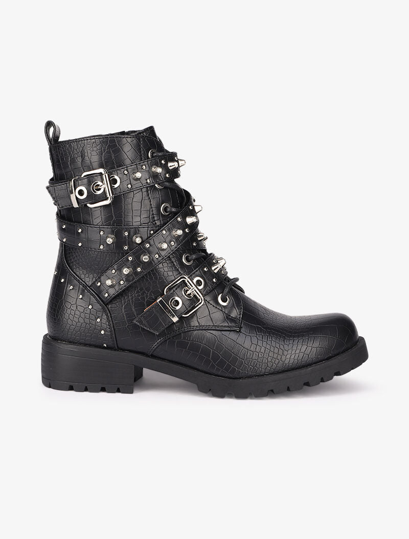 Bottines effet croco à sangles décoratives cloutées - Noir - 2