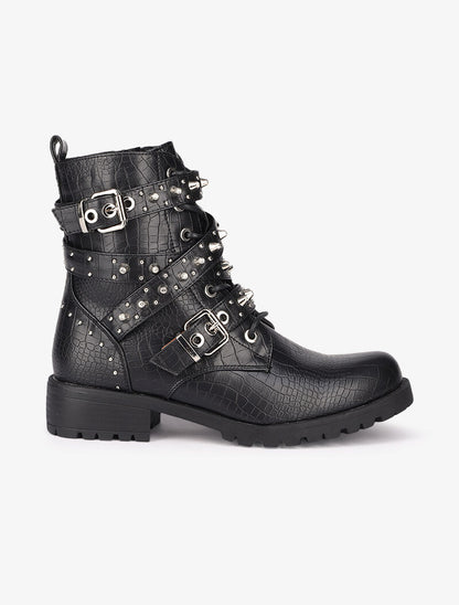 Bottines effet croco à sangles décoratives cloutées - Noir - 2