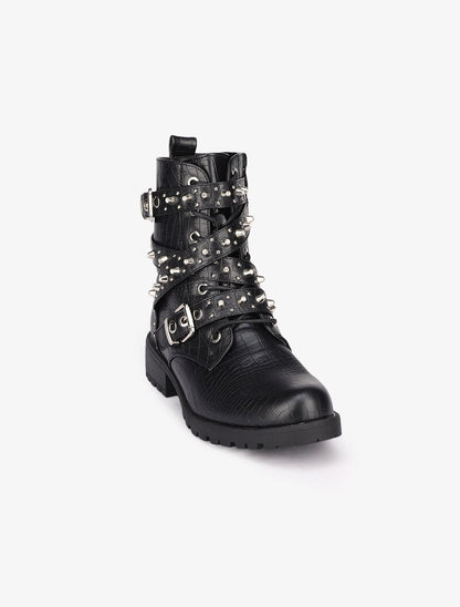 Bottines effet croco à sangles décoratives cloutées - Noir - 3