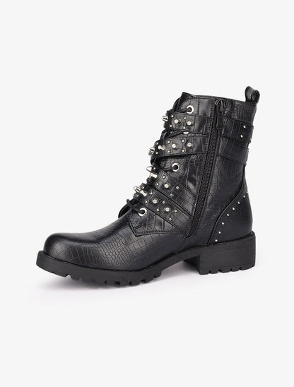 Bottines effet croco à sangles décoratives cloutées - Noir - 4
