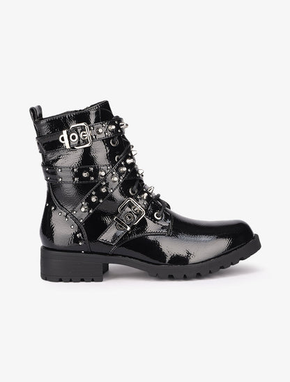 Bottines vernies à sangles décoratives cloutées - Noir - 2