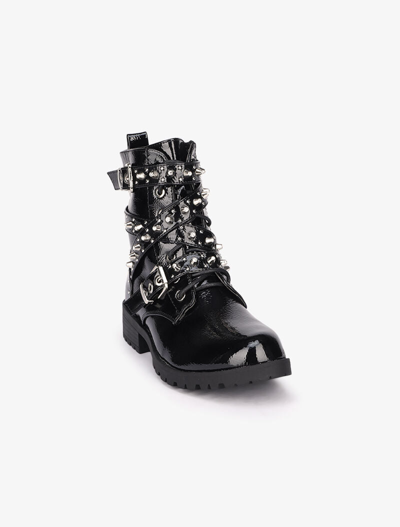 Bottines vernies à sangles décoratives cloutées - Noir - 3