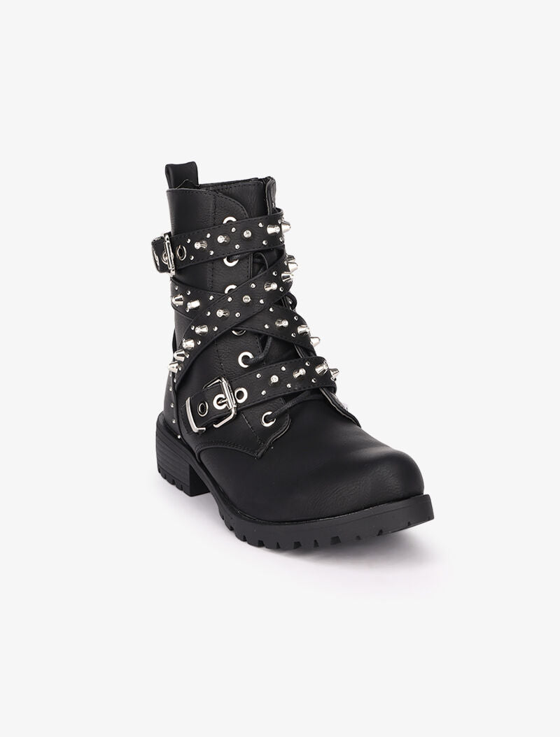 Bottines en simili à sangles décoratives cloutées - Noir - 3