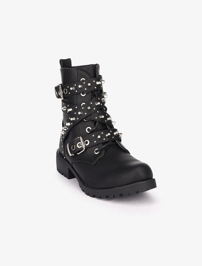 Bottines en simili à sangles décoratives cloutées - Noir - 3