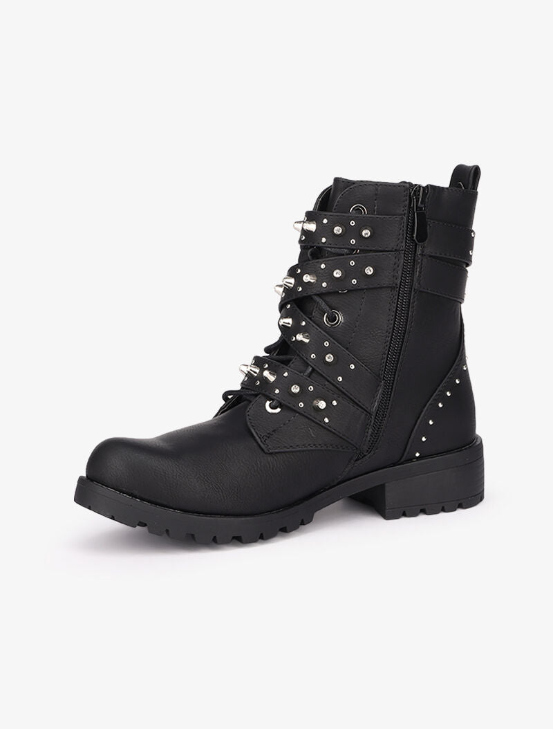 Bottines en simili à sangles décoratives cloutées - Noir - 4