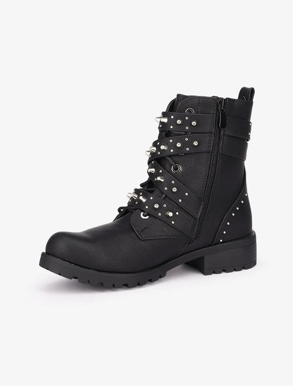 Bottines en simili à sangles décoratives cloutées - Noir - 4