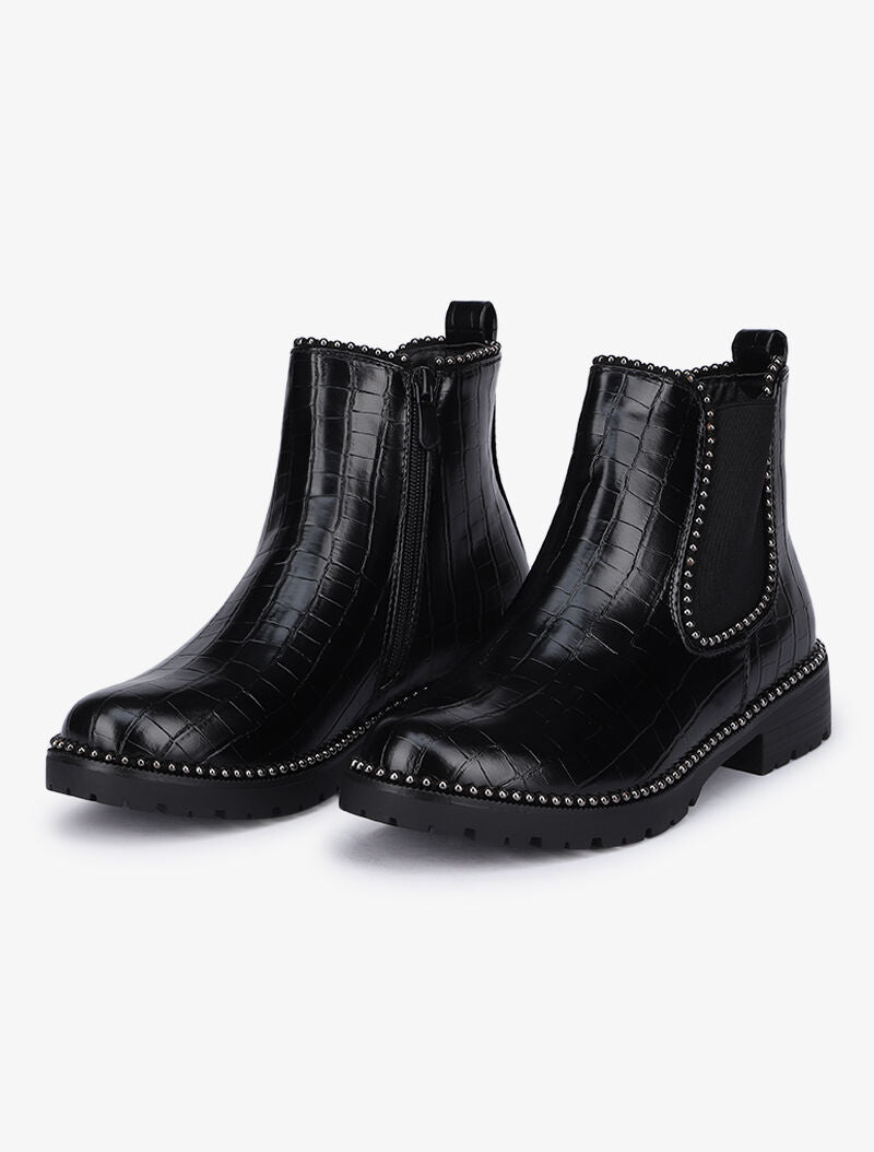 Bottines imprimé croco à semelles crantées ornées de clous - Noir - 1