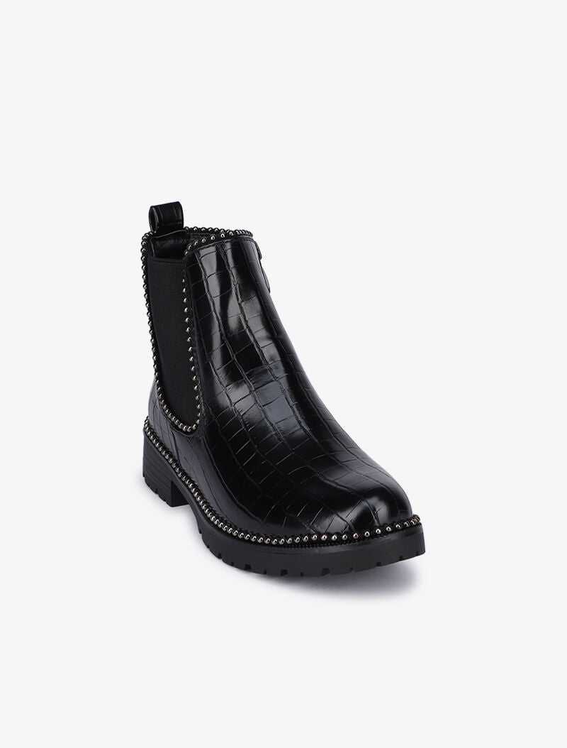 Bottines imprimé croco à semelles crantées ornées de clous - Noir - 3