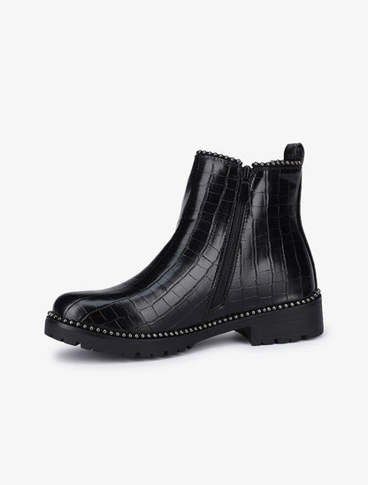 Bottines imprimé croco à semelles crantées ornées de clous - Noir - 4