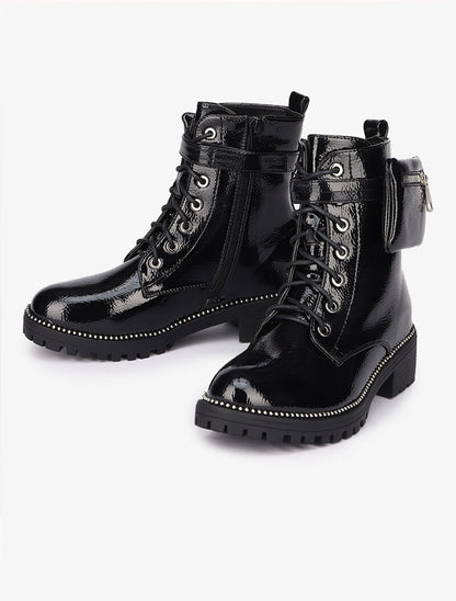 Bottines vernies à bride et sacoche amovible - Noir - 1