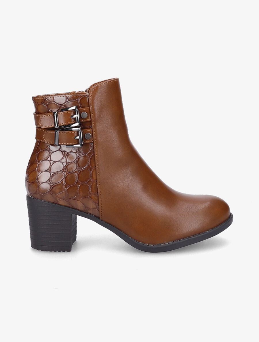 Bottines à boucles et contrefort croco - Camel - 5
