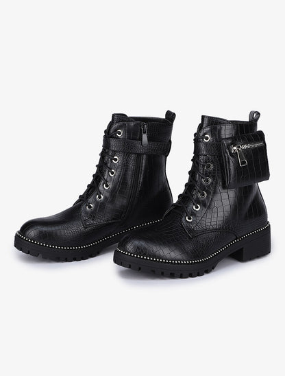 Bottines effet croco à bride et sacoche amovible - Noir - 5