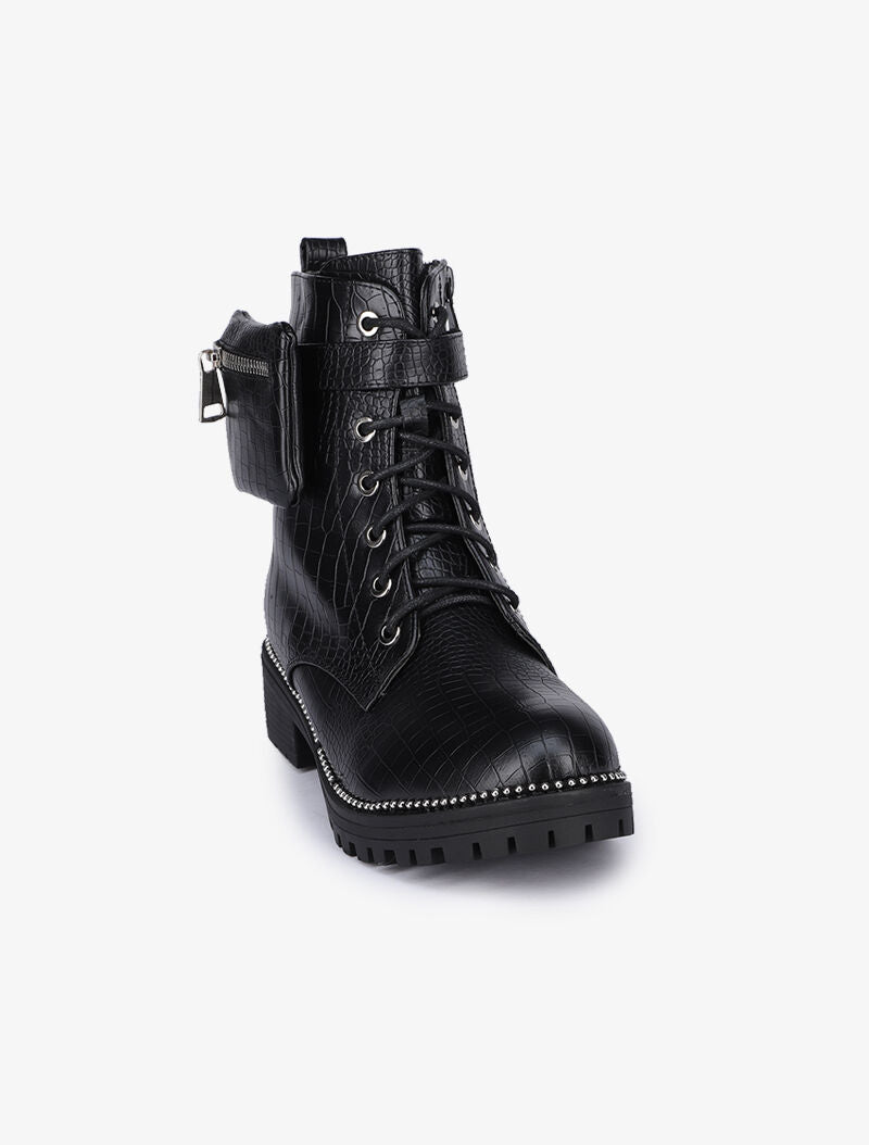 Bottines effet croco à bride et sacoche amovible - Noir - 3
