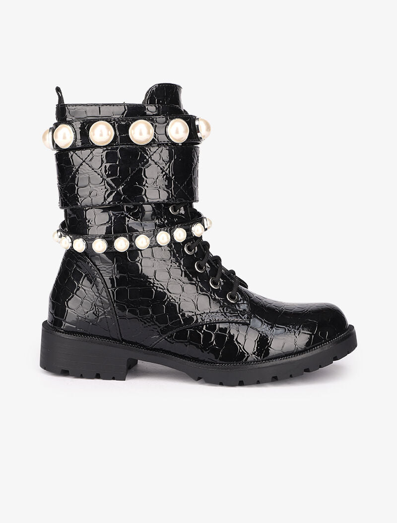 Bottines vernies imprimé croco à brides perlées - Noir - 2