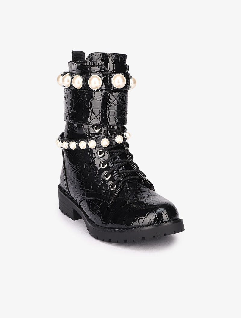Bottines vernies imprimé croco à brides perlées - Noir - 3