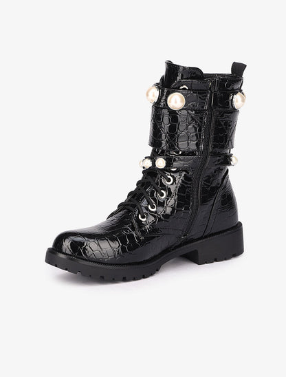 Bottines vernies imprimé croco à brides perlées - Noir - 4