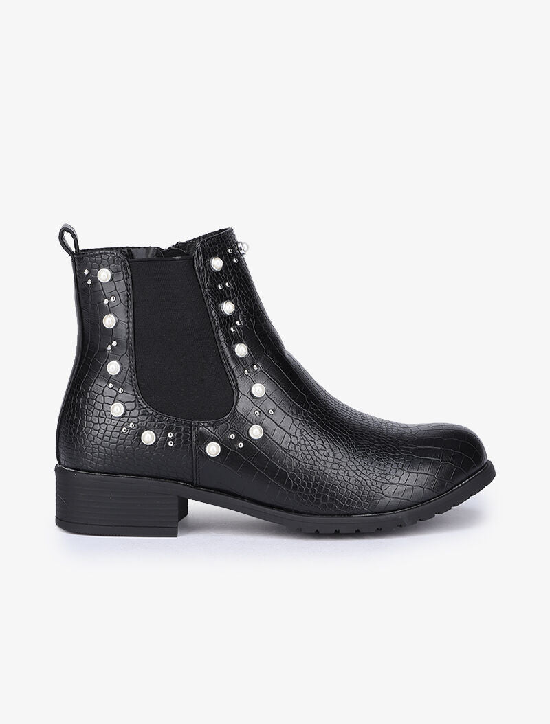Bottines effet croco à details cloutés et perlés - Noir - 2