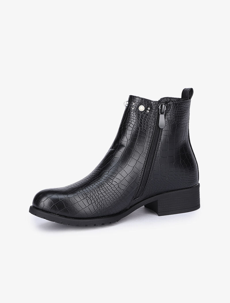 Bottines effet croco à details cloutés et perlés - Noir - 3