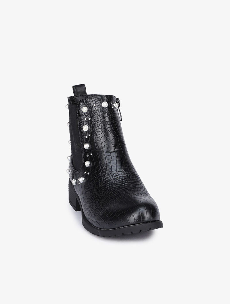 Bottines effet croco à details cloutés et perlés - Noir - 4