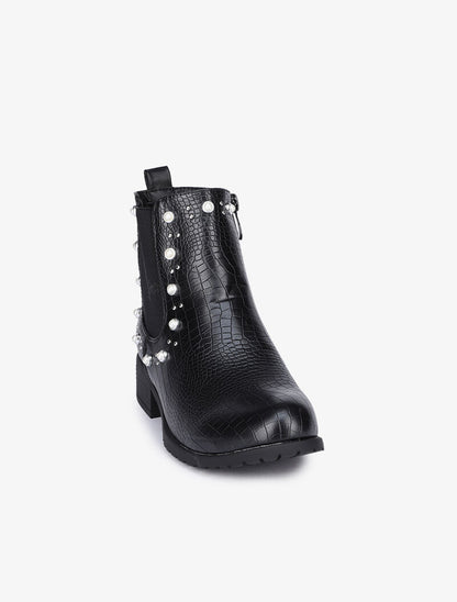 Bottines effet croco à details cloutés et perlés - Noir - 4