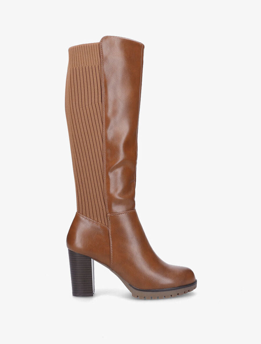 Bottes à talon en simili et tissu côtelé - Camel - 1