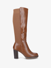 Bottes à talon en simili et tissu côtelé - Camel - 1