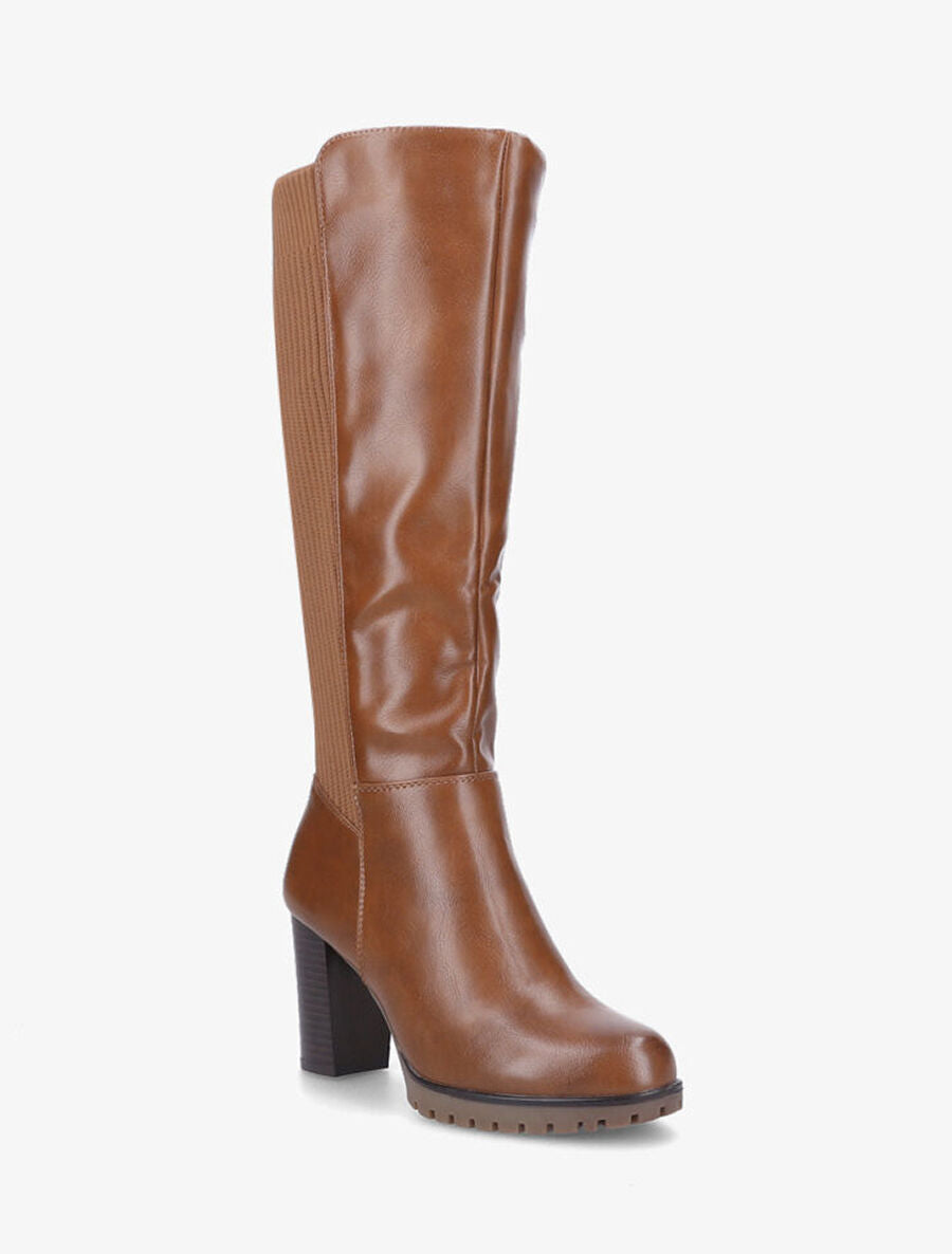 Bottes à talon en simili et tissu côtelé - Camel - 2