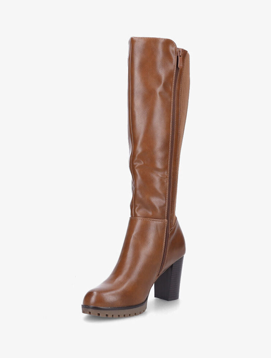 Bottes à talon en simili et tissu côtelé - Camel - 3