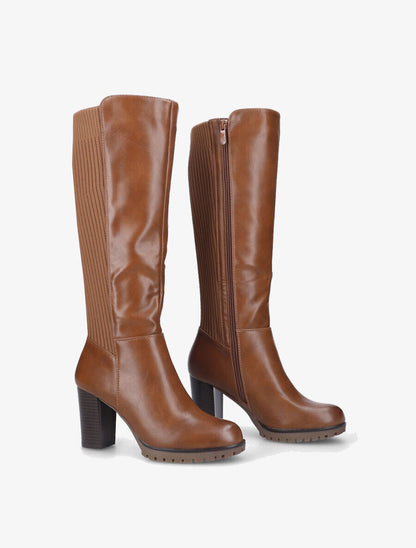Bottes à talon en simili et tissu côtelé - Camel - 4