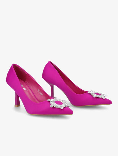 Escarpins à empiècement bijou et strass - Fushia - 4