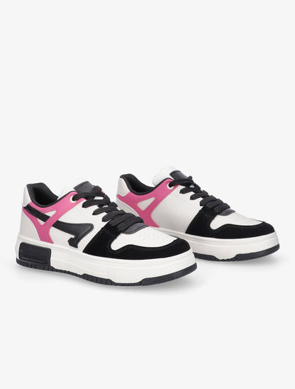 Sneakers en simili à bandes contrastantes - Fushia - 4