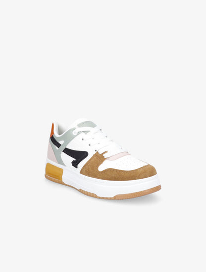 Sneakers en simili à bandes contrastantes - Camel - 2