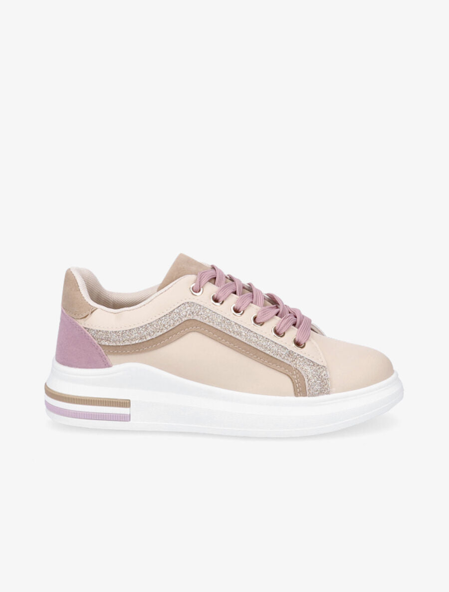 Sneakers bimatière à bandes contrastantes - Nude - 1