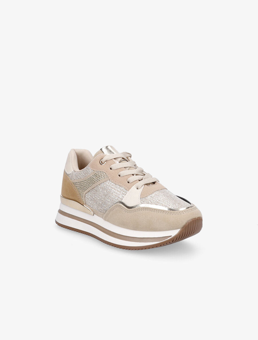 Sneakers en simili à strass et tissu irisé - Beige - 2