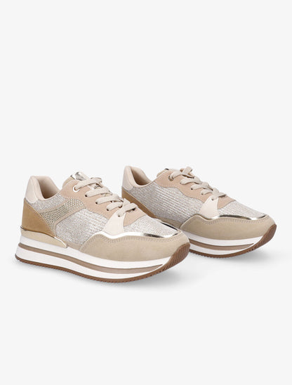Sneakers en simili à strass et tissu irisé - Beige - 4
