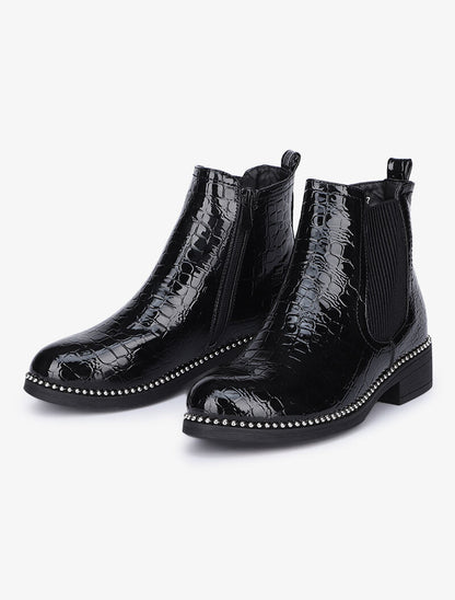 Bottines cloutées vernies à ganse côtelée - Noir - 1
