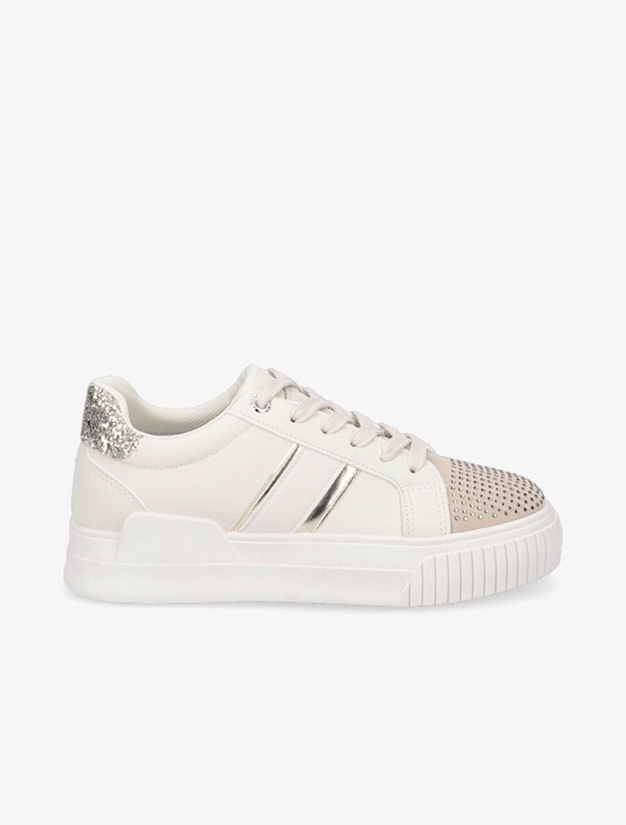 Sneakers en simili à strass et paillettes - Beige - 5