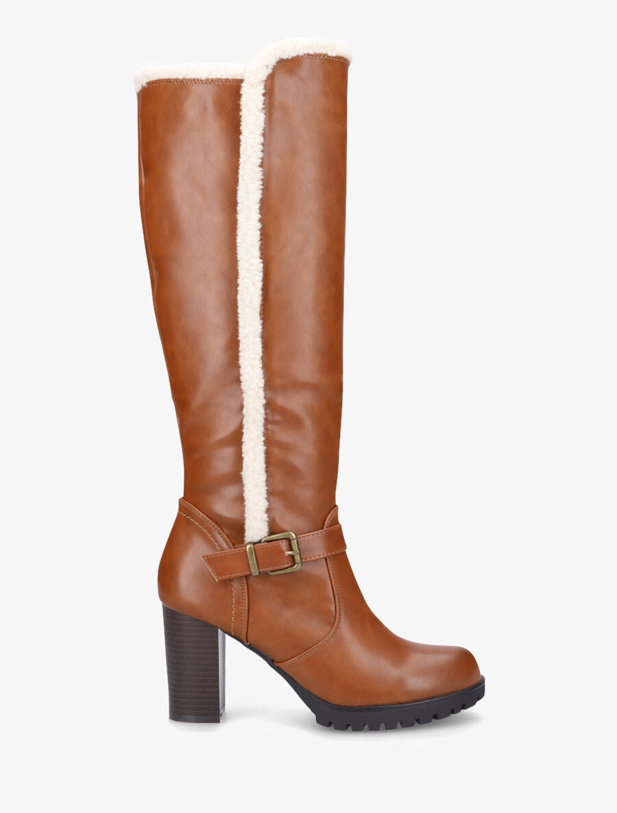 Bottes à talon et empiècement effet peau de mouton - Camel - 5