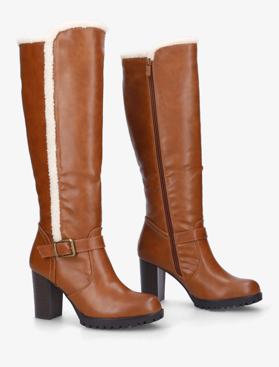 Bottes à talon et empiècement effet peau de mouton - Camel - 4