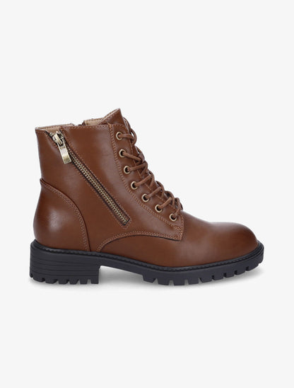 Bottines plates à lacets et double zips - Marron - 1