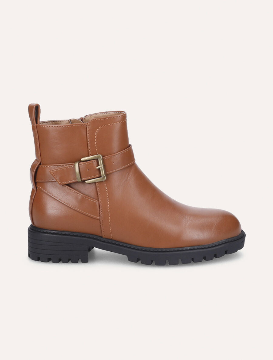 Bottines à boucle et semelle crantée - Camel - 1