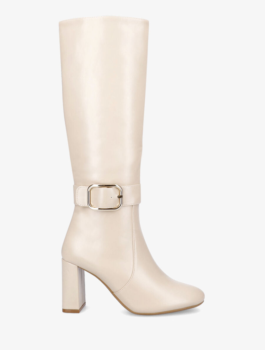 Bottes en simili à talon et boucle - Beige - 1