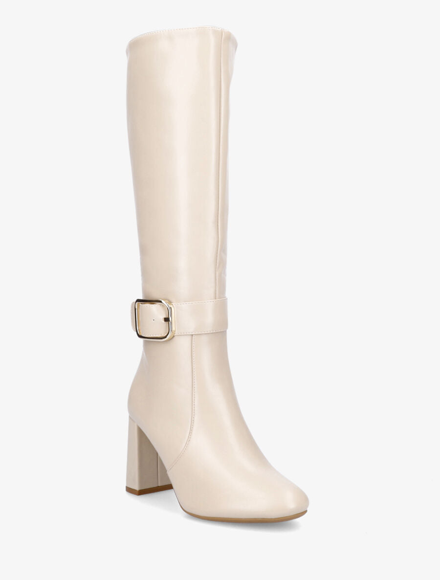 Bottes en simili à talon et boucle - Beige - 2