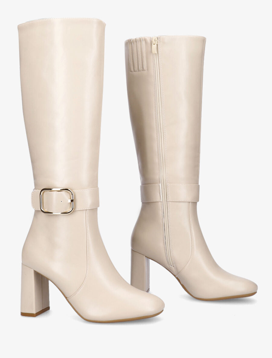 Bottes en simili à talon et boucle - Beige - 4